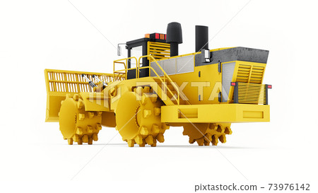 Garbage compactor machine for landfills. A special type of industrial bulldozer for working in landfills. 3d rendering. 73976142
