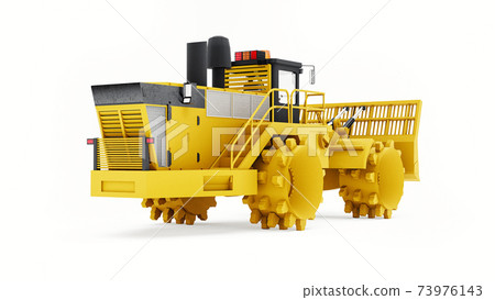 Garbage compactor machine for landfills. A special type of industrial bulldozer for working in landfills. 3d rendering. Garbage compactor machine for landfills. A special type of industrial bulldozer for working in landfills. 3d rendering. 73976143