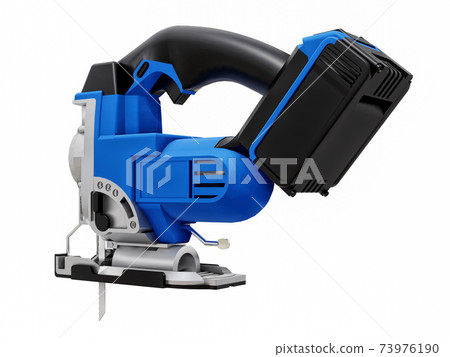 The tool is a blue electric jigsaw on a white isolated background. 3d rendering. The tool is a blue electric jigsaw on a white isolated background. 3d rendering. 73976190