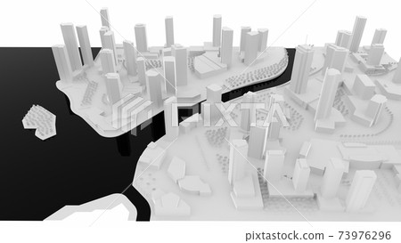 White blank 3D model of a city built by the water. 3d rendering. 73976296
