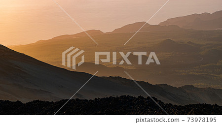 View of Teide National Park at sunset from volcano Pico de Teide, Tenerife, Canary Islands, Spain 73978195