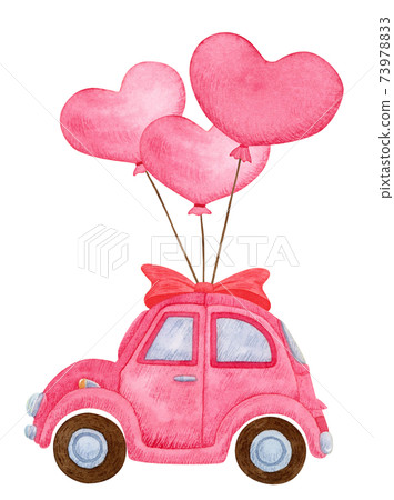 Hand drawn watercolor | pink car heart balloon illustration Hand drawn watercolor | pink car heart balloon illustration 73978833