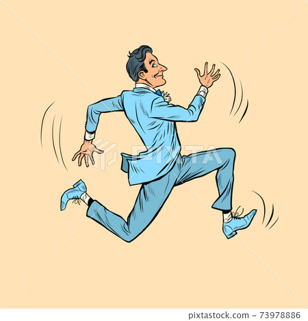 Happy groom in a white suit runs to the wedding 73978886