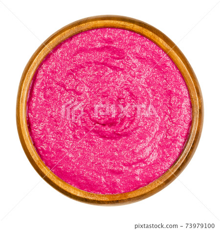 Beetroot bread spread, in a wooden bowl, from above. Beet spread, with an intense purple color, made with cooked red beets. Colorful, healthy and vegan food. Close-up, on white background, food photo. Beetroot bread spread, in a wooden bowl, from above. Beet spread, with an intense purple color, made with cooked red beets. Colorful, healthy and vegan food. Close-up, on white background, food photo. 73979100
