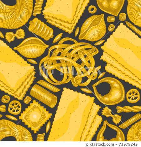 Italian pasta seamless pattern. Hand drawn vector food illustration. Vintage pasta different kinds background. Italian pasta seamless pattern. Hand drawn vector food illustration. Vintage pasta different kinds background. 73979242