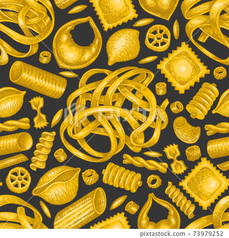 Italian pasta seamless pattern. Hand drawn vector food illustration. Vintage pasta different kinds background. 73979252