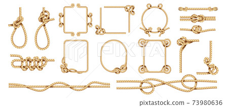 Rope border. Realistic hemp thread frames with knots and loops. 3D marine twisted jute cord. Square and round shapes from intertwined cables. Vector isolated decorative twine template 73980636