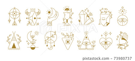 Mystical symbols. Boho ethnic and alchemic icons. Spiritual outline signs with human eyes or hands. Collection of decorative abstract elements, esoteric tattoo design, vector contour set Mystical symbols. Boho ethnic and alchemic icons. Spiritual outline signs with human eyes or hands. Collection of decorative abstract elements, esoteric tattoo design, vector contour set 73980737