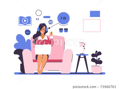 Webinar. Online education concept. Cartoon woman sitting with laptop. Web courses for remotely studying at home. Girl getting knowledge by watching educational videos. Vector illustration Webinar. Online education concept. Cartoon woman sitting with laptop. Web courses for remotely studying at home. Girl getting knowledge by watching educational videos. Vector illustration 73980761