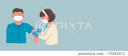 Banner with copy space for your text. Doctor or nurse wearing a protective mask injects a vaccine into a man. Flu vaccination concept. Coronavirus vaccine. Vector flat illustration. Banner with copy space for your text. Doctor or nurse wearing a protective mask injects a vaccine into a man. Flu vaccination concept. Coronavirus vaccine. Vector flat illustration. 73982072