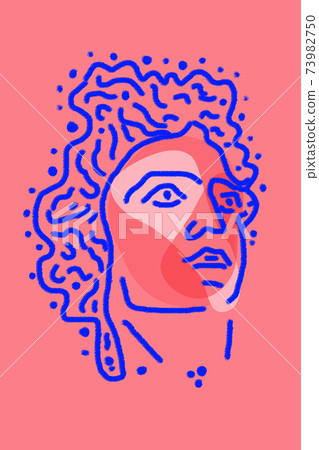 Abstract line surreal face. Modern art creative concept image with ancient statue head. Crazy contemporary drawing in modern cubism style. Pop art poster. Zine culture. Funky minimalist. Retro design. 73982750