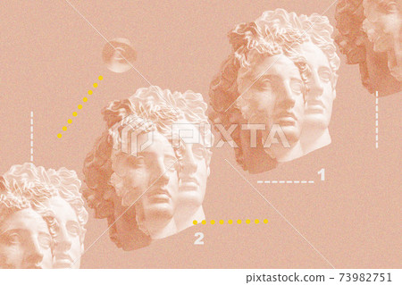 Art collage with antique sculpture of Apollo face and numbers, geometric shapes. Beauty, fashion and health theme. Science, research, discovery, technology concept. Zine culture. Pop art style. Art collage with antique sculpture of Apollo face and numbers, geometric shapes. Beauty, fashion and health theme. Science, research, discovery, technology concept. Zine culture. Pop art style. 73982751