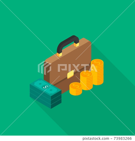 Briefcase, Dollar money cash icon, Gold coin stack right view icon vector isometric. 73983266