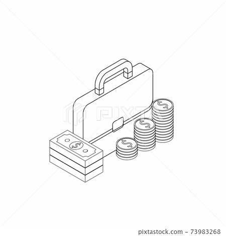 Briefcase, Dollar money cash icon, Gold coin stack right view Black Outline icon vector isometric. 73983268