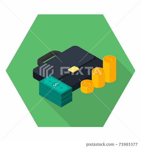 Briefcase, Dollar money cash icon, Gold coin stack right view icon vector isometric. 73983377