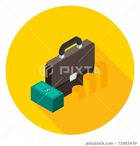 Briefcase, Dollar money cash icon, Gold coin stack right view icon vector isometric. 73983439