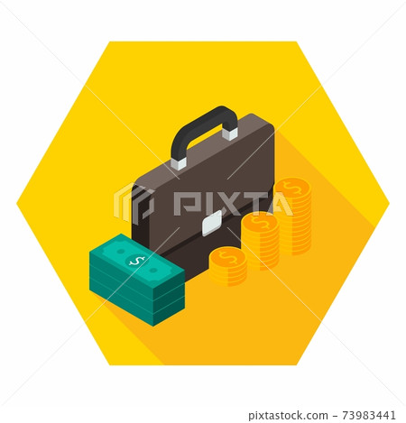 Briefcase, Dollar money cash icon, Gold coin stack right view icon vector isometric. 73983441