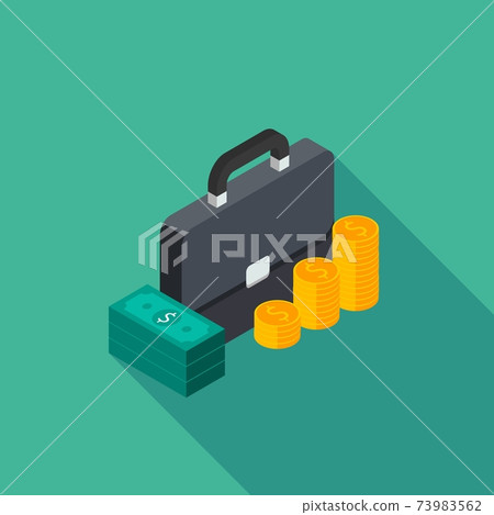 Briefcase, Dollar money cash icon, Gold coin stack right view icon vector isometric. 73983562