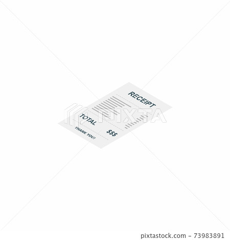 Receipt paper, bill check, invoice, cash receipt. White background. Left view isometric icon. 73983891