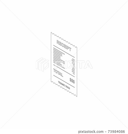 Receipt paper, bill check, invoice, cash receipt. Black outline. Left view isometric icon. 73984086