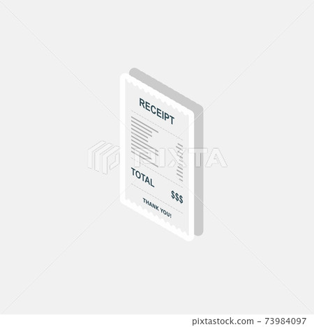 Receipt paper, bill check, invoice, cash receipt. White stroke and shadow design. Left view isometric icon. 73984097