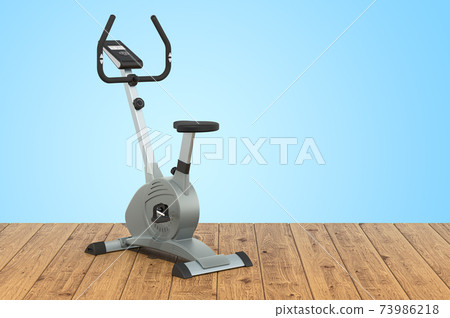Stationary exercise bike on the wooden planks, 3D rendering Stationary exercise bike on the wooden planks, 3D rendering 73986218