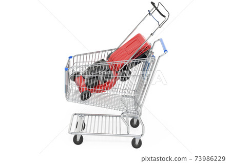 Shopping cart with lawn mower, 3D rendering Shopping cart with lawn mower, 3D rendering 73986229