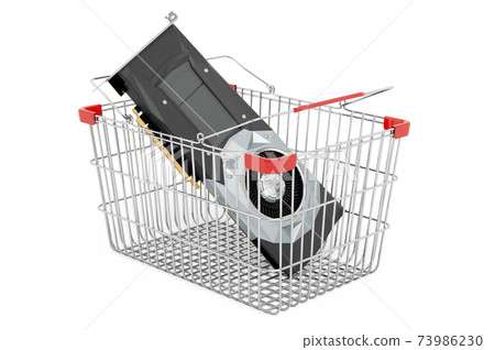 Shopping basket with video card, GPU. 3D rendering Shopping basket with video card, GPU. 3D rendering 73986230