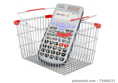 Shopping basket with scientific calculator. 3D rendering Shopping basket with scientific calculator. 3D rendering 73986231