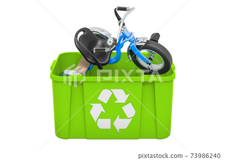Recycling trashcan with children's tricycle, 3D rendering 73986240