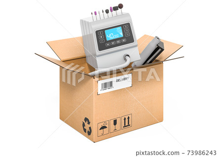Professional pedicure machine inside cardboard box, delivery concept. 3D rendering Professional pedicure machine inside cardboard box, delivery concept. 3D rendering 73986243