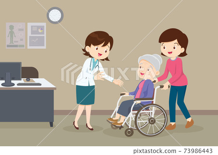 woman and elderly woman on wheel chair see Doctor 73986443