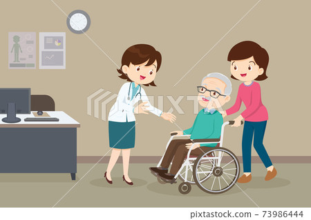 woman and elderly man on wheel chair see Doctor 73986444