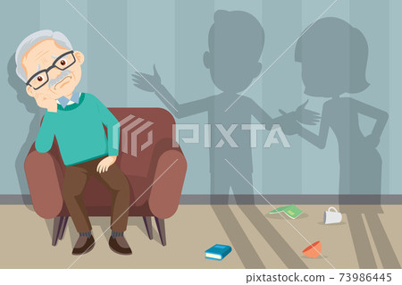 Sad Elderly woman sitting Sofa 73986445