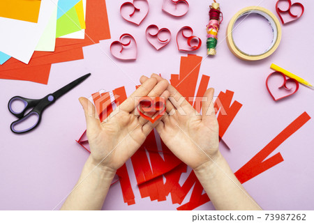 DIY instruction. Step by step guide. The process of making a garland of hearts for Valentine's Day DIY instruction. Step by step guide. The process of making a garland of hearts for Valentine's Day 73987262