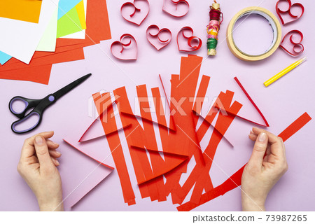 DIY instruction. Step by step guide. The process of making a garland of hearts for Valentine's Day DIY instruction. Step by step guide. The process of making a garland of hearts for Valentine's Day 73987265