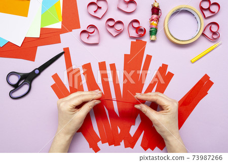 DIY instruction. Step by step guide. The process of making a garland of hearts for Valentine's Day DIY instruction. Step by step guide. The process of making a garland of hearts for Valentine's Day 73987266