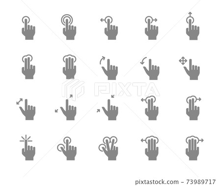 Set of touch screen gestures grey icon. Hand click, finger multi touch, cursor pointer and more. Set of touch screen gestures grey icon. Hand click, finger multi touch, cursor pointer and more. 73989717