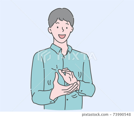 Young man is clapping and applauding happy and joyful, smiling proud hands together. Hand drawn in thin line style, vector illustrations.  73990548