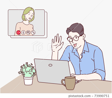 A man use laptop computer and video call with partner. He work from home because infection control coronavirus. Hand drawn in thin line style, vector illustrations. 73990751