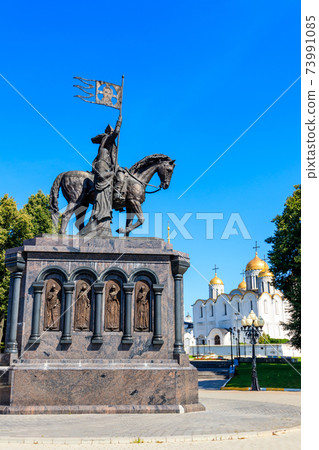 Monument to founder of Vladimir city Prince Vladimir the Red Sun and sanctifier Feodor on the viewing platform with views of Assumption Cathedral in Vladimir, Russia Monument to founder of Vladimir city Prince Vladimir the Red Sun and sanctifier Feodor on the viewing platform with views of Assumption Cathedral in Vladimir, Russia 73991085