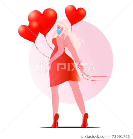 blonde woman in mask holding air balloons valentines day celebration coronavirus quarantine concept blonde woman in mask holding air balloons valentines day celebration coronavirus quarantine concept 73991765