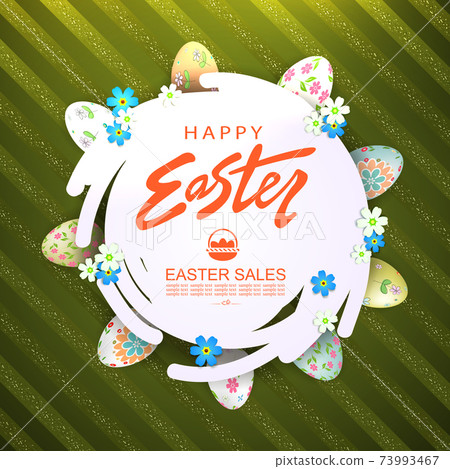 Green striped composition with abstract round white frame, around the frame Easter eggs with a pattern and flowers Green striped composition with abstract round white frame, around the frame Easter eggs with a pattern and flowers 73993467