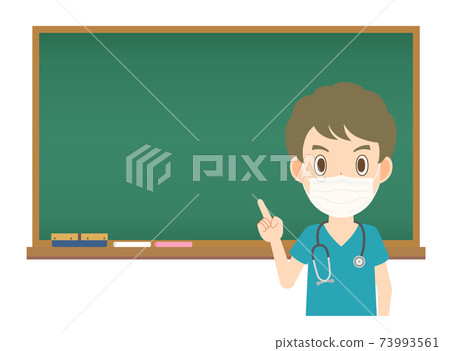 Male doctor with a mask explaining on the blackboard Male doctor with a mask explaining on the blackboard 73993561