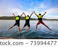 People is jumping to water in dam 73994477