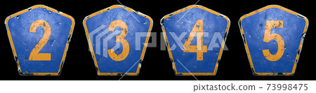 Set of public road signs in blue and orange color with a numbers 2, 3, 4, 5 in the center isolated black background. 3d Set of public road signs in blue and orange color with a numbers 2, 3, 4, 5 in the center isolated black background. 3d 73998475