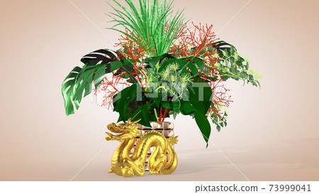 Luxurious oriental bouquet and Chinese dragon - a symbol of well-being, interior design, 3D rendering Luxurious oriental bouquet and Chinese dragon - a symbol of well-being, interior design, 3D rendering 73999041