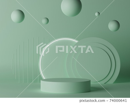 3d rendering empty cylinder podium with spheres on light green background. 3d rendering empty cylinder podium with spheres on light green background. 74000641