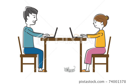 A couple working remotely in a small rented house 74001378