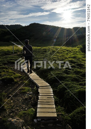 Climbers walking along the wooden path of Mt. Tekari 74001842